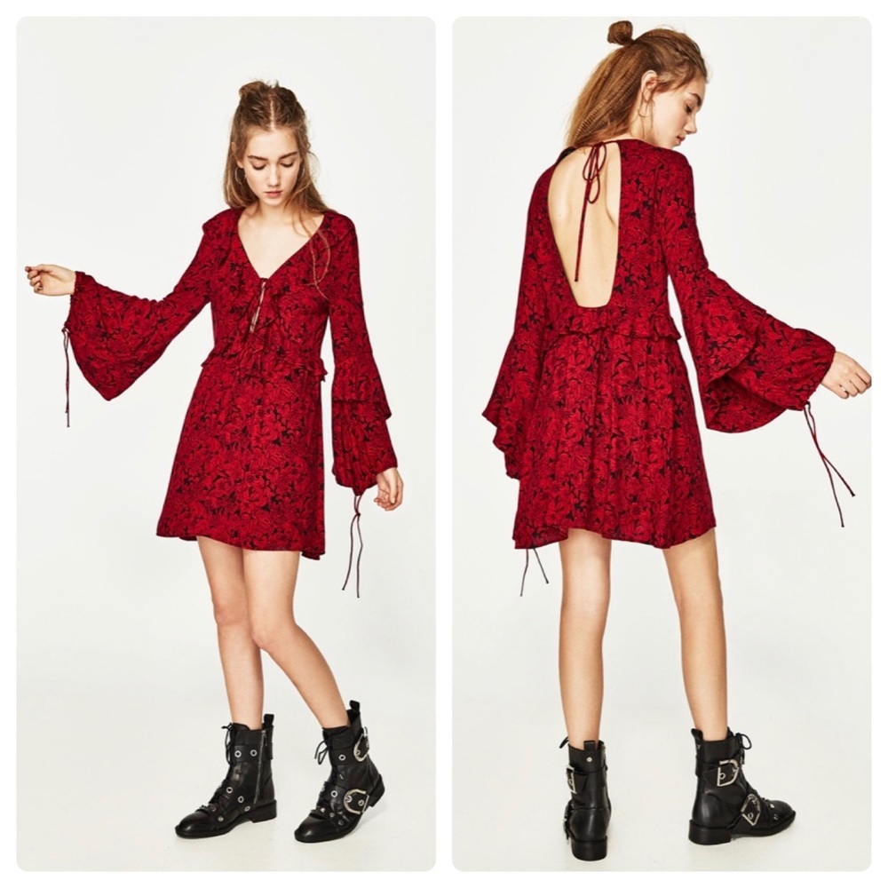 Zara Dress Womens XS Black Red Floral Ruffle Neck